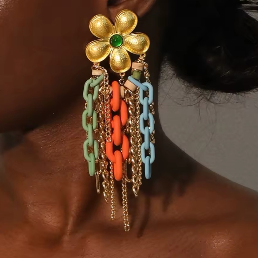 Bold Floral Dangle Statement Earrings | Multicolor Chain Fringe